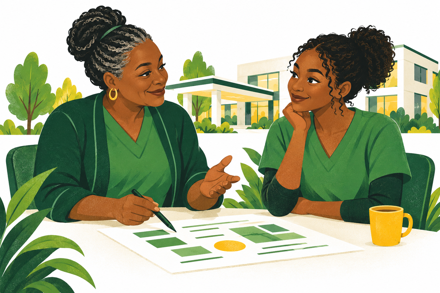 Illustration of two healthcare professionals in conversation at a table.